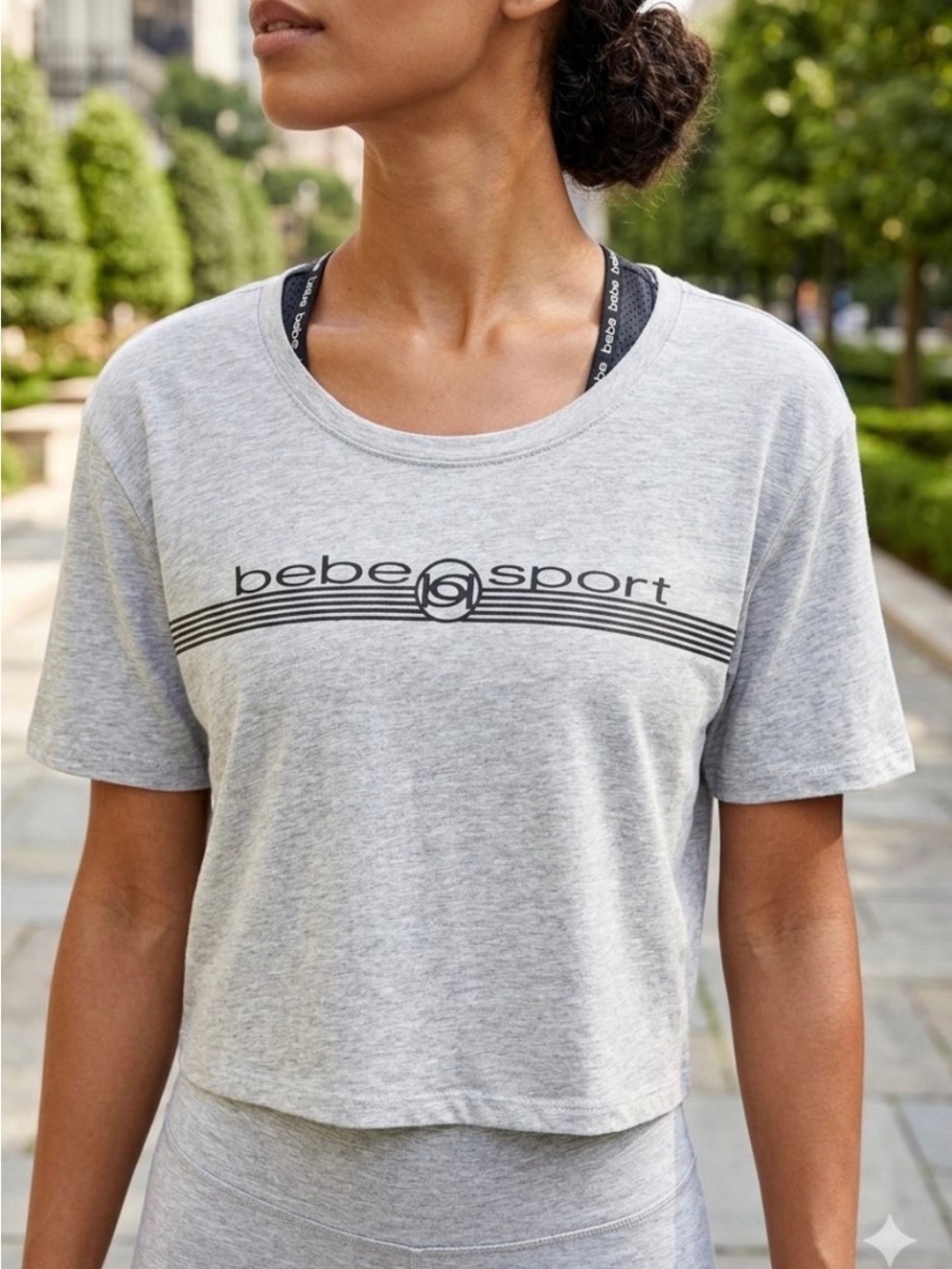 bebe Gray Sport Logo Cropped Tee